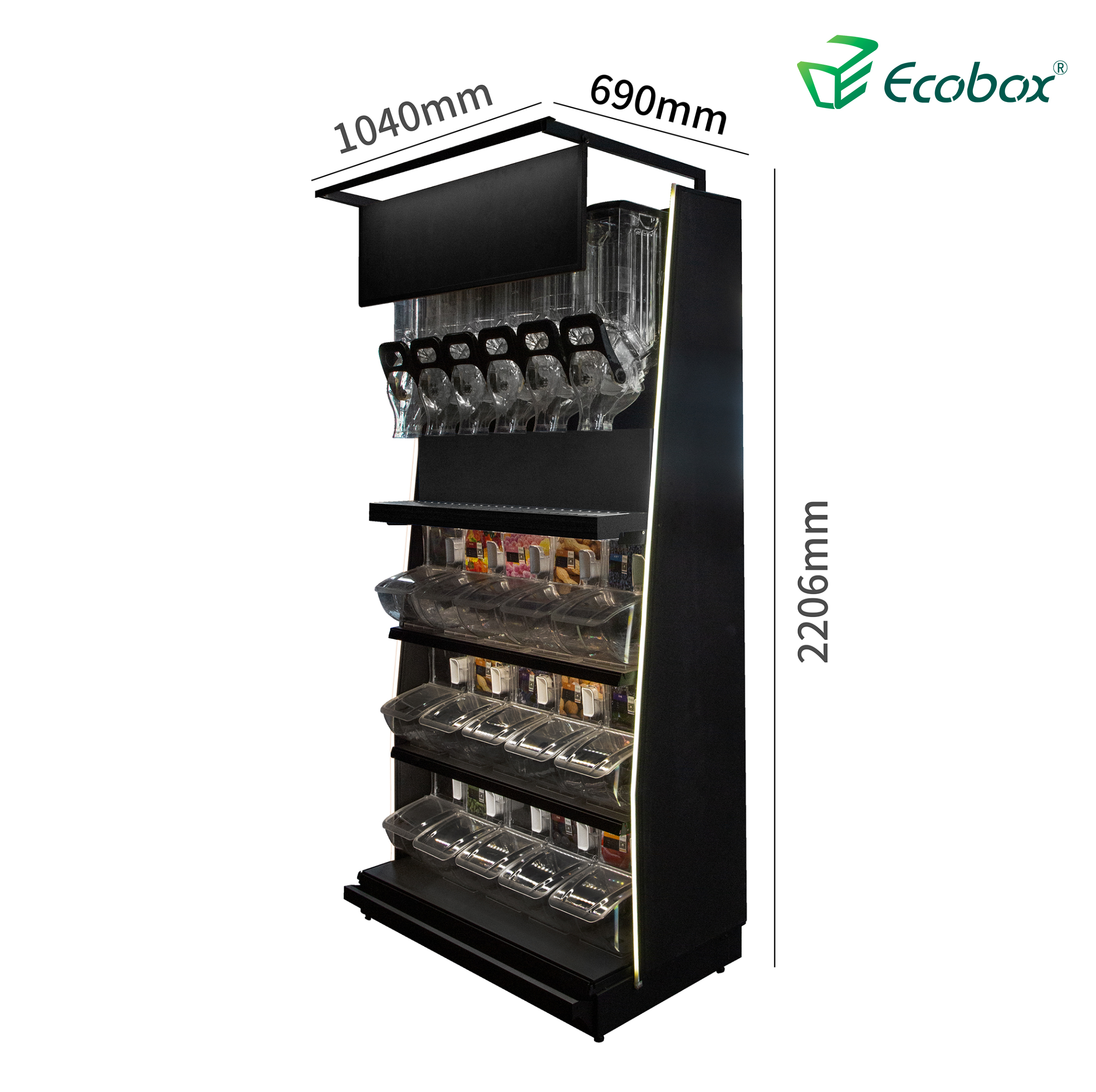 Ecobox TG-0615 Présentoir de noix de bonbons solution pick n mix pour le marchandisage en vrac avec bac à gravité et bacs à pelle