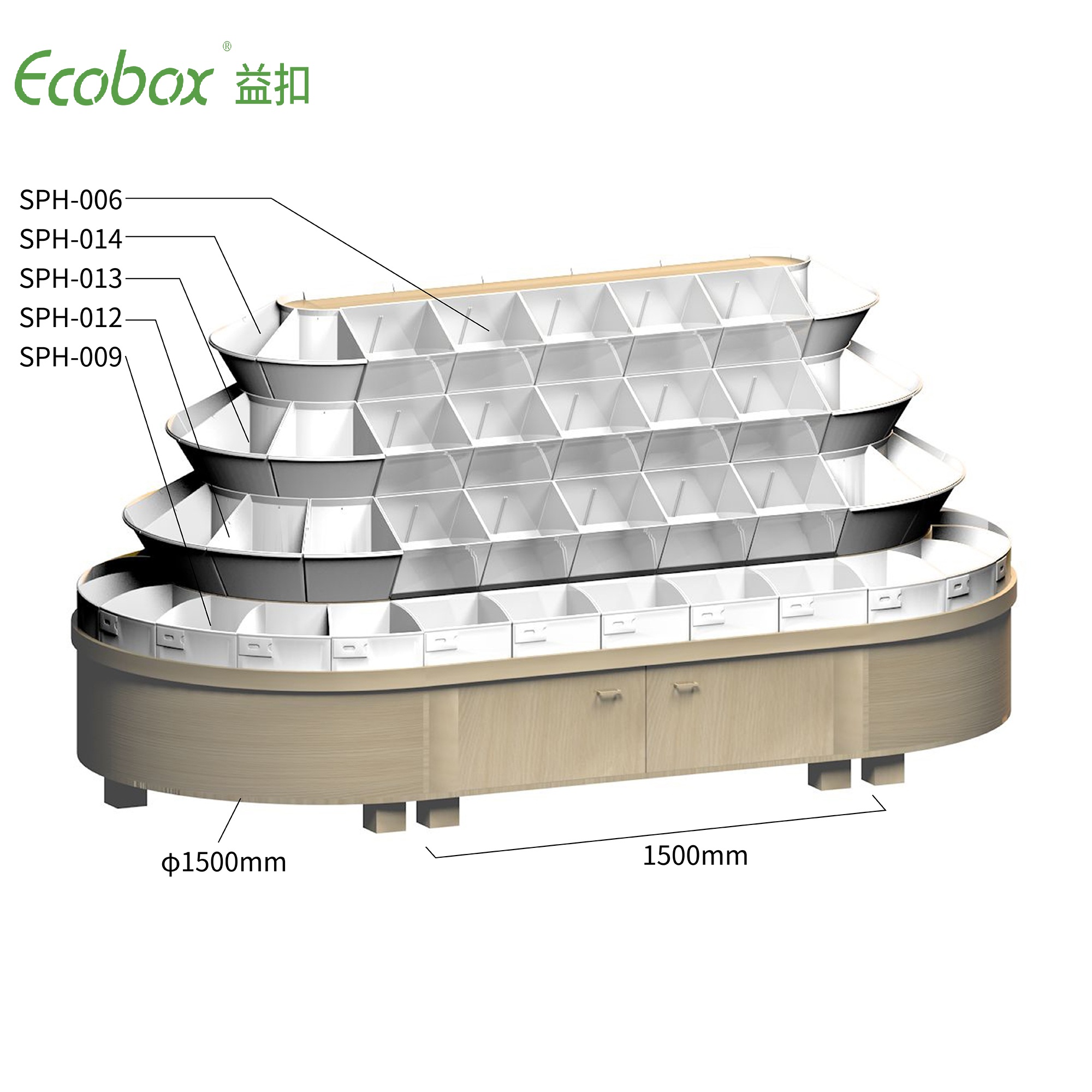 Étagère ronde de la série Ecobox G002 avec présentoirs d'aliments en vrac de supermarché pour bacs en vrac Ecobox